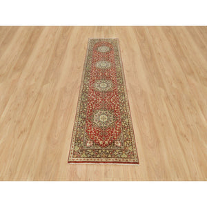 2'6"x10'1" Upsdell Red, Natural Dyes, Dense Weave, Hand Knotted, Antiqued Tabriz Haji Jalili Design, Organic Wool, Soft And Lush Pile, Runner Oriental Rug FWR540678