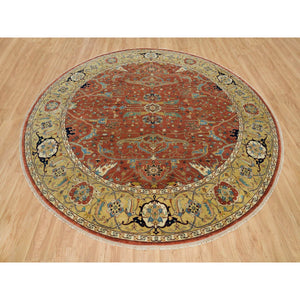 10'x10' Rust Red, Antiqued Fine Heriz Re-creation, Natural Dyes Dense Weave, Soft Wool Hand Knotted, Round Oriental Rug FWR540702