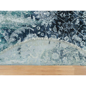 6'x6' Sapphire Blue, Broken Persian Tabriz Erased Design, Round Hand Knotted Wool And Silk, Oriental Rug FWR540792