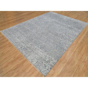 8'9"x11'10" Porcelain White, Tone On Tone, Damask Design, Hand Knotted Wool And Plant Based Silk, Oriental Rug FWR540798