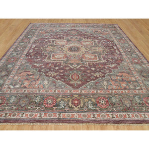 14'x14' Mahogany Red, Vegetable Dyes, Natural Wool, Heriz Revival, Thick and Plush Soft Pile, Hand Knotted,Square Oriental Rug FWR540816