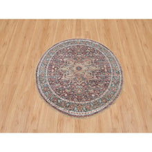 Load image into Gallery viewer, 5&#39;x5&#39; Garnet Red With Ice Gray, Heriz Revival Pure Wool Hand Knotted, Round Soft To The Touch Pile Oriental Rug FWR540852