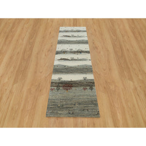 2'7"x8' Linen White, Lori Buft Gabbeh With Small Animal Figurines, Modern Striae Design, Thick And Plush Soft Pile, 100% Wool, Hand Knotted, Runner Oriental Rug FWR540930