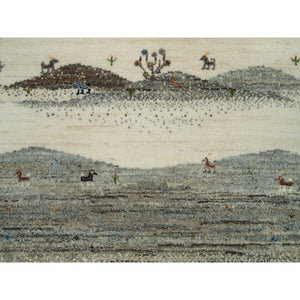 2'7"x8' Linen White, Lori Buft Gabbeh With Small Animal Figurines, Modern Striae Design, Thick And Plush Soft Pile, 100% Wool, Hand Knotted, Runner Oriental Rug FWR540930