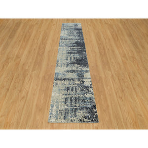 2'6"x12' Nevada Gray, Tone On Tone, Modern Abstract With Mosaic Design, Wool And Silk Hand Knotted, Densely Woven, Vegetable Dyes, Runner Oriental Rug FWR541188