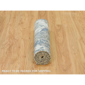 2'6"x8' Yonder Blue, Hi And Low Pile, Modern Abstract Galaxy Design, Wool And Silk, Hand Knotted, Runner Oriental Rug FWR541194