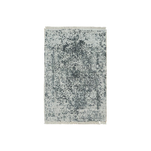 2'x3' Ice Cube Gray, Broken Persian Hand Knotted Design, Wool And Silk, Mat Oriental Rug FWR541236