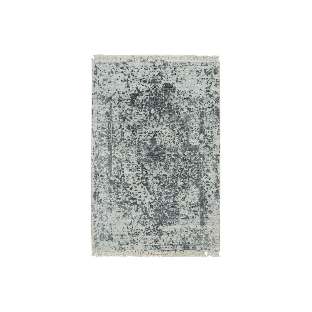 2'x3' Ice Cube Gray, Broken Persian Hand Knotted Design, Wool And Silk, Mat Oriental Rug FWR541236