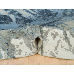 12'x12' Steel Blue, Modern Abstract Galaxy Design, Hi-low Pile, Wool And Silk, Hand Knotted, Round Oriental Rug FWR541284