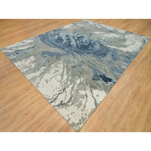 12'x15'3" Glaucous Blue and Thunder Gray, Wool and Silk, Abstract Galaxy Design, Hand Knotted Hi-low Pile Oriental Oversized Rug FWR541296