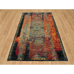 6'2"x9' Dragon Fire Red and Eerie Black, Ghazni Wool Hand Knotted Ancient Ottoman Erased Design, Oriental Rug FWR541320