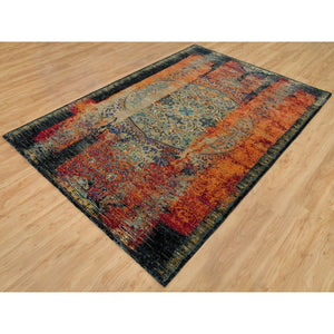 6'2"x9' Dragon Fire Red and Eerie Black, Ghazni Wool Hand Knotted Ancient Ottoman Erased Design, Oriental Rug FWR541320