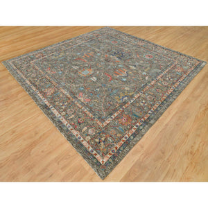 10'x10' Chocolate Chip Brown, Striae Pattern Hand Knotted Persian Scrolls Leaf and Flower Design, Textured Wool and Silk, Oriental Square Rug FWR541326