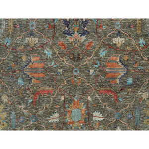 10'x10' Chocolate Chip Brown, Striae Pattern Hand Knotted Persian Scrolls Leaf and Flower Design, Textured Wool and Silk, Oriental Square Rug FWR541326