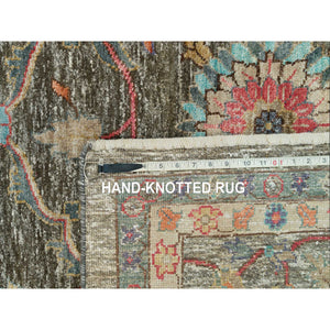 10'x10' Chocolate Chip Brown, Striae Pattern Hand Knotted Persian Scrolls Leaf and Flower Design, Textured Wool and Silk, Oriental Square Rug FWR541326