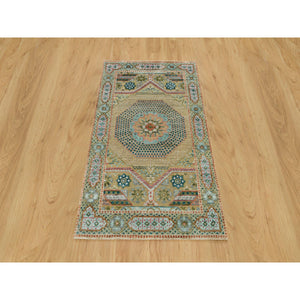 3'1"x5' Travertine Brown, Hand Knotted Textured Wool and Silk, Mamluk Geometric Medallions Design, Oriental Rug FWR541344