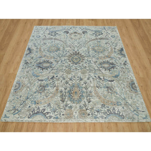 8'x8' Delicate White, Sickle Leaf Hand Knotted Soft Pile Design, Silk With Textured Wool, Square Oriental Rug FWR541356