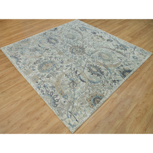 8'x8' Delicate White, Sickle Leaf Hand Knotted Soft Pile Design, Silk With Textured Wool, Square Oriental Rug FWR541356