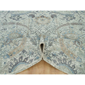 8'x8' Delicate White, Sickle Leaf Hand Knotted Soft Pile Design, Silk With Textured Wool, Square Oriental Rug FWR541356