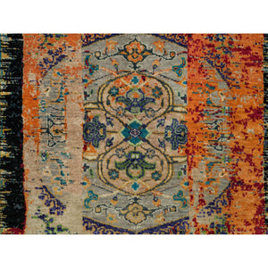 3'2"x5'1" Coral Rose Red with Asphalt Black, Hand Knotted, Ancient Ghazni Wool Ottoman Erased Design, Oriental Rug FWR541368