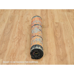 3'2"x5'1" Coral Rose Red with Asphalt Black, Hand Knotted, Ancient Ghazni Wool Ottoman Erased Design, Oriental Rug FWR541368