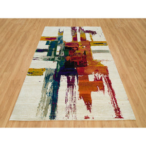 6'1"x9' Sandstone Ivory, Hand Knotted Modern Abstract Motifs Painter's Brush Strokes, Wool And Sari Silk, Oriental Rug FWR541404