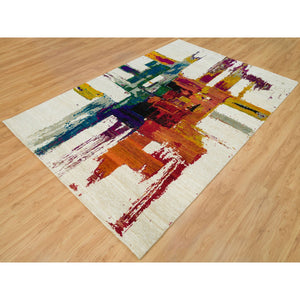 6'1"x9' Sandstone Ivory, Hand Knotted Modern Abstract Motifs Painter's Brush Strokes, Wool And Sari Silk, Oriental Rug FWR541404