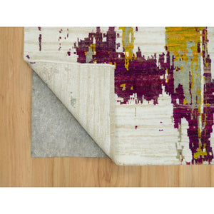 6'1"x9' Sandstone Ivory, Hand Knotted Modern Abstract Motifs Painter's Brush Strokes, Wool And Sari Silk, Oriental Rug FWR541404