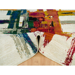 6'1"x9' Sandstone Ivory, Hand Knotted Modern Abstract Motifs Painter's Brush Strokes, Wool And Sari Silk, Oriental Rug FWR541404