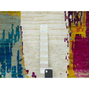 6'1"x9' Sandstone Ivory, Hand Knotted Modern Abstract Motifs Painter's Brush Strokes, Wool And Sari Silk, Oriental Rug FWR541404