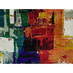 6'1"x9' Sandstone Ivory, Hand Knotted Modern Abstract Motifs Painter's Brush Strokes, Wool And Sari Silk, Oriental Rug FWR541404