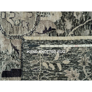 8'10"x11'10" Roasted Cashew Brown, Wool and Silk Sickle Leaf Design with Accents of Black, Oriental Rug FWR541410