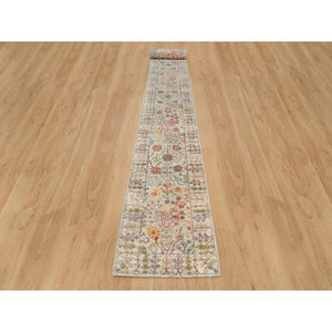 2'6"x25'10" Gardenia Beige, Hand Knotted Directional Vase Design Silk with Textured Wool XL Runner Oriental Rug FWR541422