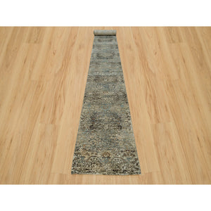 2'8"x23'10" Cobblestone Gray, Hand Knotted Transitional Persian Influence Erased Medallion Design, Silk With Textured Wool, Oriental Xl Runner Rug FWR541434