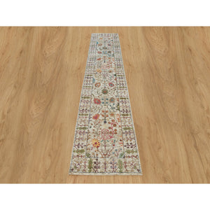 2'6"x12'2" Cosmic Latte Beige, Textured Wool With Silk, Hand Knotted Directional Vase Design, Runner Oriental Rug FWR541440