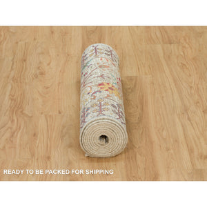 2'6"x12'2" Cosmic Latte Beige, Textured Wool With Silk, Hand Knotted Directional Vase Design, Runner Oriental Rug FWR541440