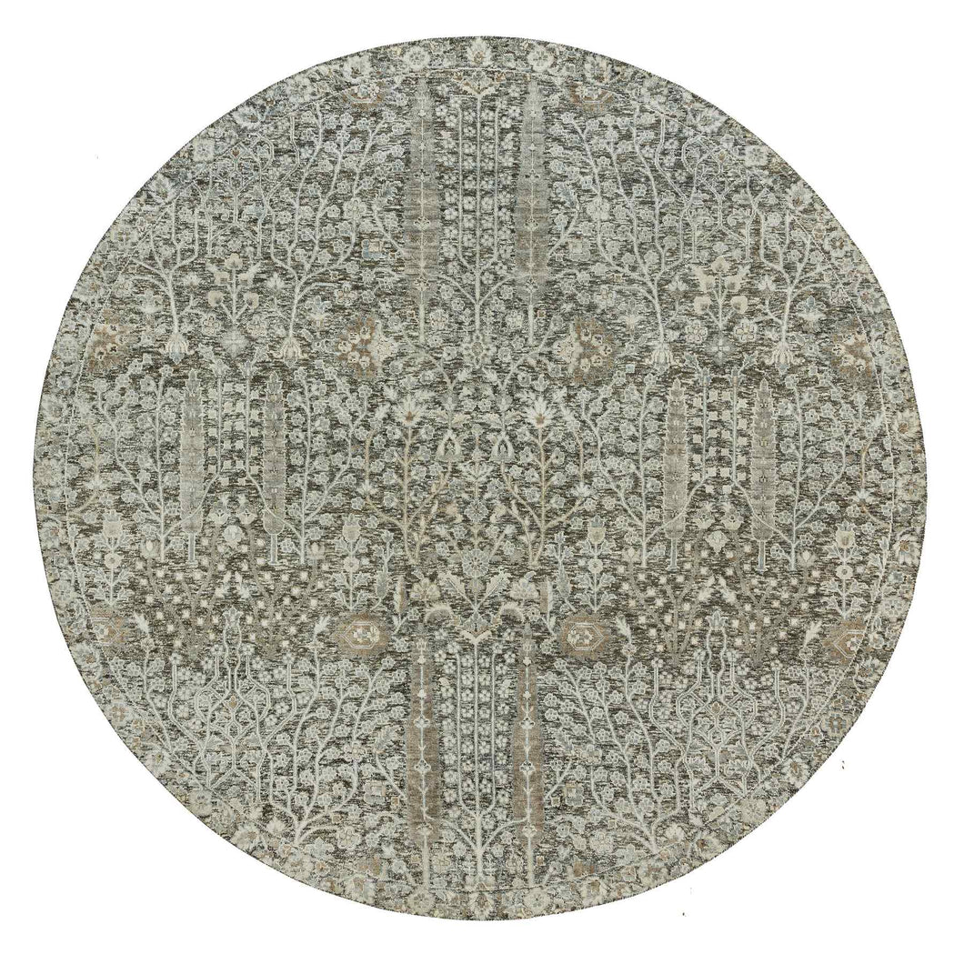 8'x8' Shades On Gray, Willow And Cypress Tree Design Silk With Textured Wool Hand-Knotted Round Oriental Rug FWR541476