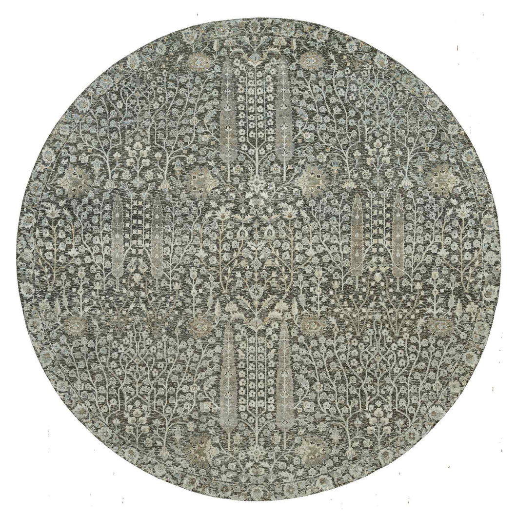 10'x10' Falcon Gray, Silk With Textured Wool Hand Knotted Willow and Cypress Tree Design, Oriental Round Rug FWR541482