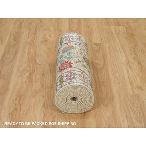 2'8"x19'10" Pristine Beige, Hand Knotted Silk With Textured Wool, Directional Vase All Over Design, XL Runner Oriental Rug FWR541488