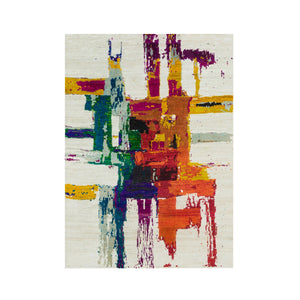 4'x5'10" Castle Ivory, Modern Abstract Motifs and Painter's Brush Strokes, Oriental Wool and Sari Silk Hand Knotted Rug FWR541494