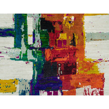 Load image into Gallery viewer, 4&#39;x5&#39;10&quot; Castle Ivory, Modern Abstract Motifs And  Painter&#39;s Brush Strokes, Oriental Wool And Sari Silk Hand Knotted Rug FWR541494