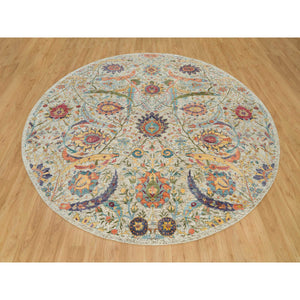 10'x10' Birch Tan, Hand Knotted, Silk and Textured Wool, Sickle Leaf Design, Oriental Round Rug FWR541500