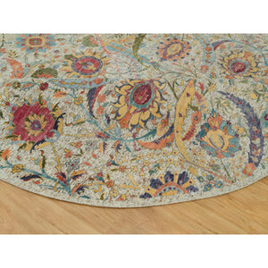 10'x10' Birch Tan, Hand Knotted, Silk and Textured Wool, Sickle Leaf Design, Oriental Round Rug FWR541500