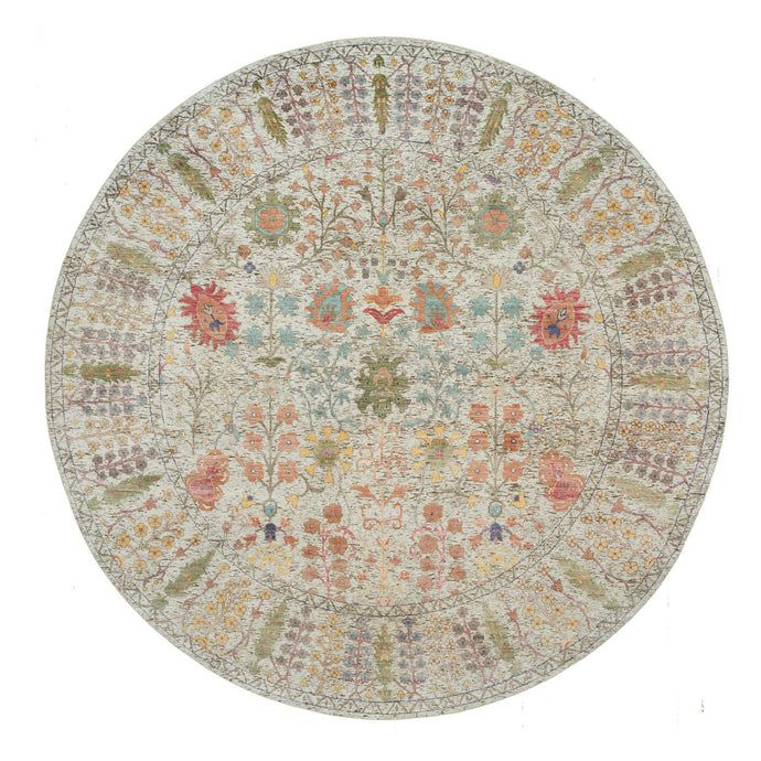 10'x10' Candlelit Beige, Hand Knotted Silk With Textured Wool, Directional Vase Design, Round Oriental Rug FWR541506