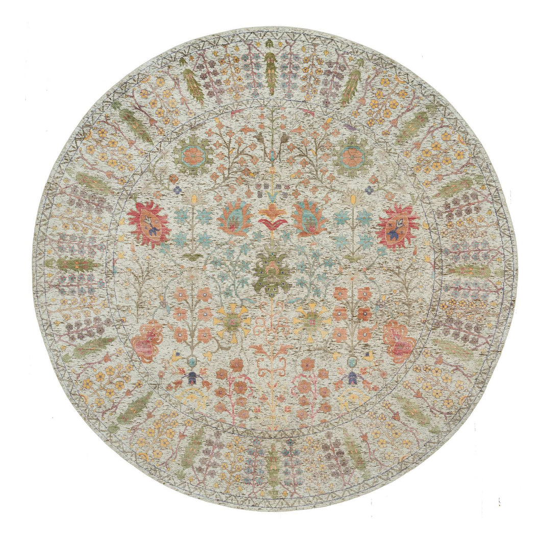 10'x10' Candlelit Beige, Hand Knotted Silk With Textured Wool, Directional Vase Design, Round Oriental Rug FWR541506