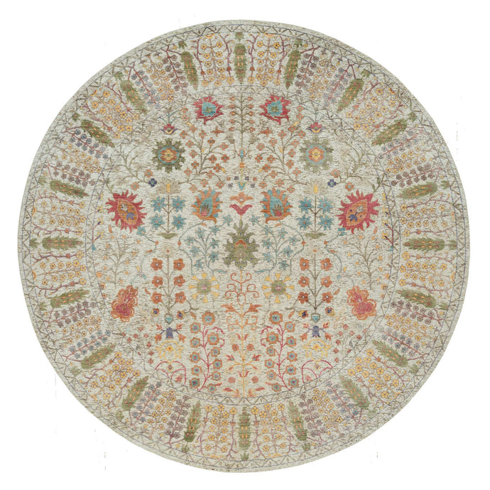 12'x12' Linen Beige, Textured Wool and Silk, Directional Vase Design, Hand Knotted, Oriental Round Rug FWR541530