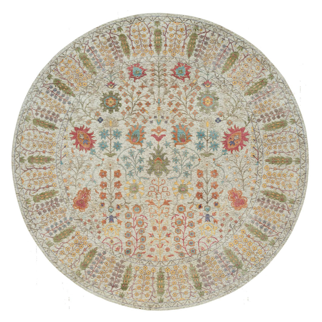 12'x12' Linen Beige, Textured Wool and Silk, Directional Vase Design, Hand Knotted, Oriental Round Rug FWR541530