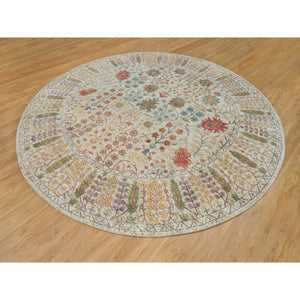 12'x12' Linen Beige, Textured Wool and Silk, Directional Vase Design, Hand Knotted, Oriental Round Rug FWR541530