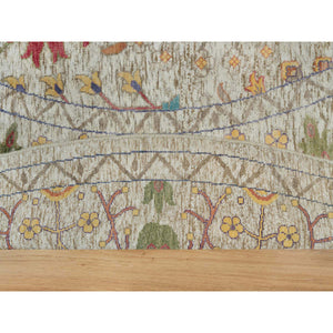 12'x12' Linen Beige, Textured Wool and Silk, Directional Vase Design, Hand Knotted, Oriental Round Rug FWR541530