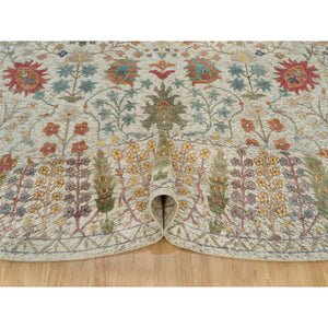 12'x12' Linen Beige, Textured Wool and Silk, Directional Vase Design, Hand Knotted, Oriental Round Rug FWR541530